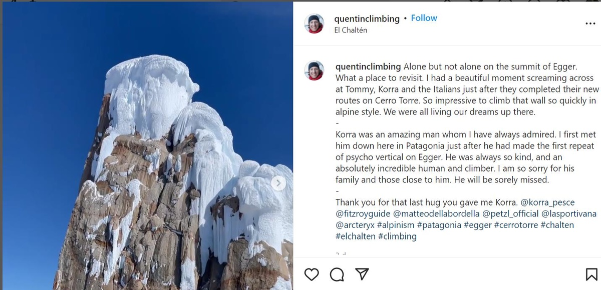 Quentin Roberts' Instagram in which he pays tribute to the late Korra Pesce