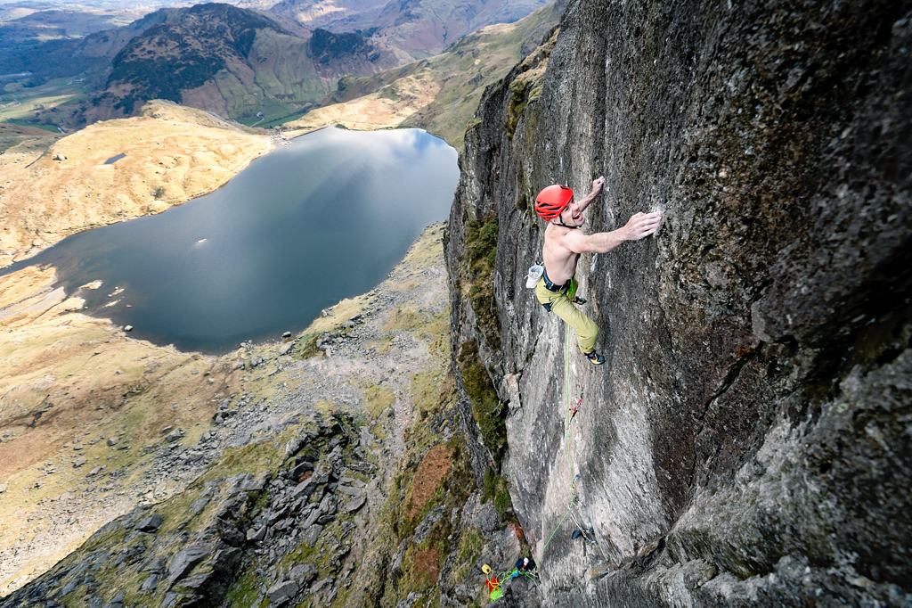 Dave MacLeod on the crucial moves high on the Lexicon headwall. Photo Chris Prescott