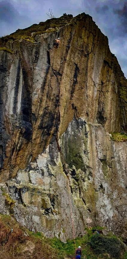 Mathew Wright on the fifth ascent of Achemine (E9 6c), Dumbarton. Photo: @stuartdavidburns