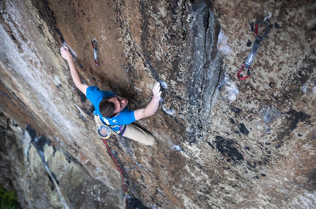 Will Bosi on Free at Last (F9a+) at Dumbarton. Photo: Band of Birds